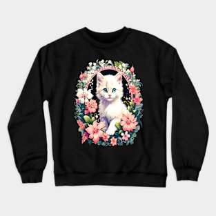 Beautiful white ktiten surrounded by spring flowers Crewneck Sweatshirt